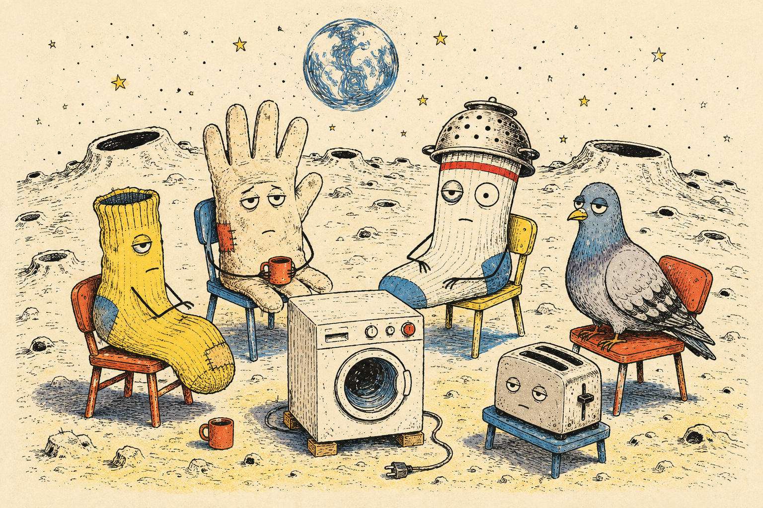 Socks, a glove, a pigeon and a toaster meet around an unplugged washing machine on the moon