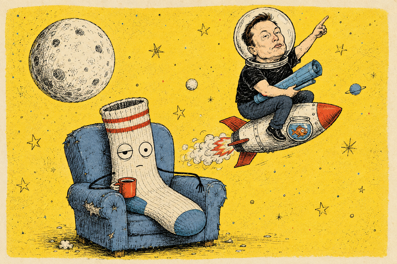 Comic caricature of Elon Musk on a tiny toy rocket, while a tired sock in an armchair looks unimpressed