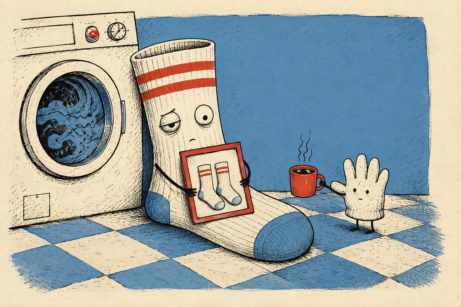 A worn-out sock at the laundromat looks at an old picture of itself as part of an ordinary pair; a glove offers coffee